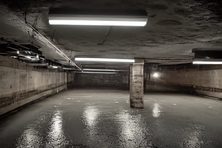 Image similar to views of underground car garage, new york downtown covered with rain, dark lighting, photo real, highly detailed