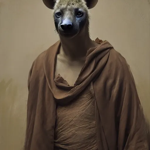 Image similar to attractive hyena wearing a monk robes holding invense burner. natural lighting by ruan jia, portrait