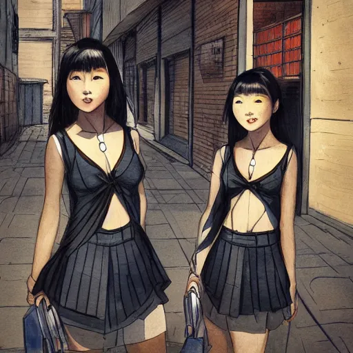 Image similar to a perfect, realistic professional digital sketch of close-up Japanese schoolgirls posing in a sci-fi alleyway, style of Marvel, full length, by pen and watercolor, by a professional American senior artist on ArtStation, a high-quality hollywood-style sketch, on high-quality paper