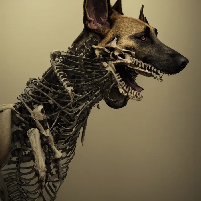 Image similar to belgian malinois, skeleton. intricate artwork. by Tooth Wu, wlop, beeple, dan mumford. octane render, trending on artstation, greg rutkowski, very coherent symmetrical artwork. cinematic, hyper realism, high detail, octane render, 8k, iridescent accents, deep blacks