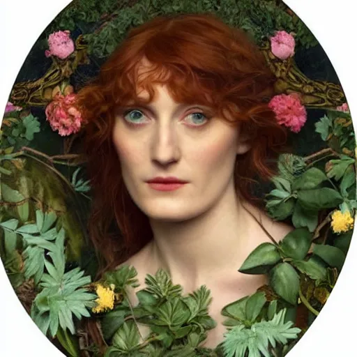 Prompt: Florence Welch as a Pre-Raphaelite goddess of nature in the style of John William Godward, close-up portrait, in focus, flowers and plants, moody, intricate, mystical