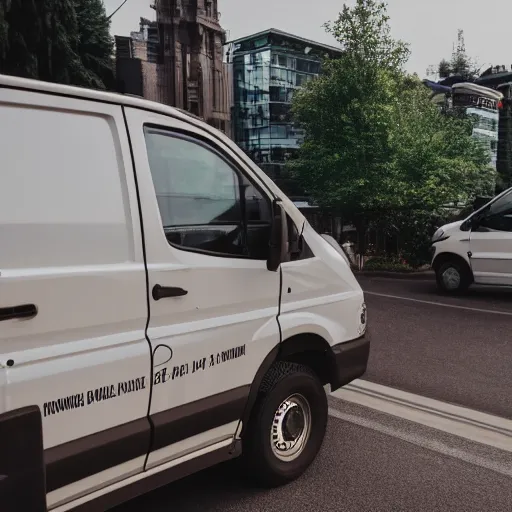 Prompt: A brown man parallel parks white work van, beeping, annoyed people