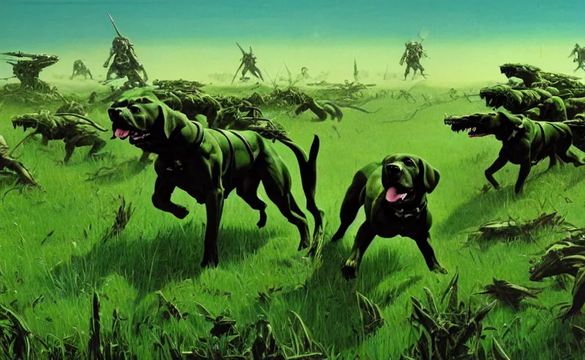 Prompt: the green alien battle hounds ( a genetic mix of grass and labrador retriever ) charge into the fray as gigantic war machines plow the earth, bounding through the lush green sea of grass, matte painting, concept art, book cover, frank frazetta, syd mead, 7 0 s scifi, cinematic studio ghibli still, 4 k hd