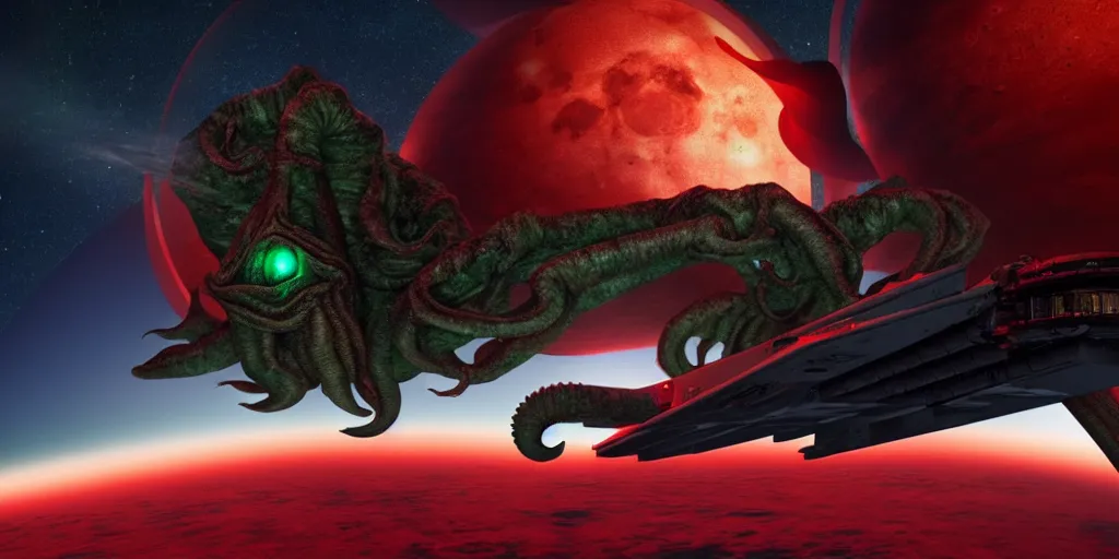 Prompt: giant Cthulhu silhouetted on top of red jetfighter spaceship, photorealistic, wide-angle, long shot, epic, space, lunar backdrop