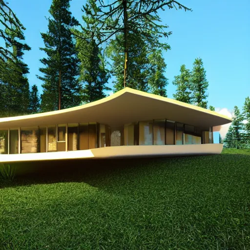 Image similar to a modern house in the woods. the house is the shape of a mobius strip with large picture windows. there are pine trees all around. digital art, 3 d render.