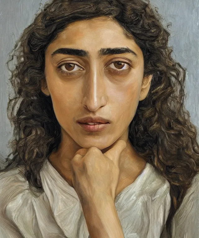 Prompt: realistic portrait of golshifteh farahani, painted by lucian freud, high quality, high detail