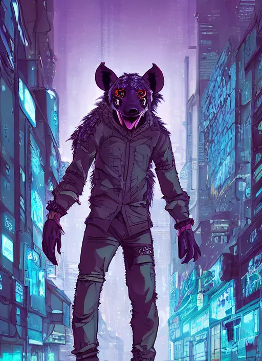 Image similar to character portrait of a male anthro hyena fursona with a tail and a cute beautiful attractive detailed furry face wearing stylish cyberpunk clothes in a cyberpunk city at night while it rains. color page, tankoban, 4K, tone mapping. By Nomax, Kenket, Rukis. comic book style, photorealistic, professional lighting, hyperdetailed, high resolution, high quality, dramatic, deviantart, artstation, 4k, real photo