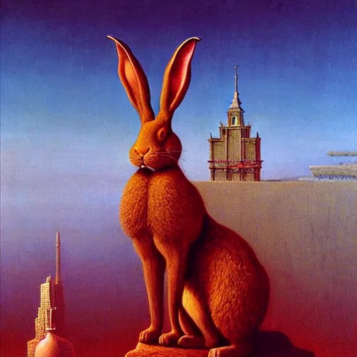 Prompt: a giant rabbit stands over a city painting by beksinski, by larry elmore, dali and barlowe colors. masterpiece painting