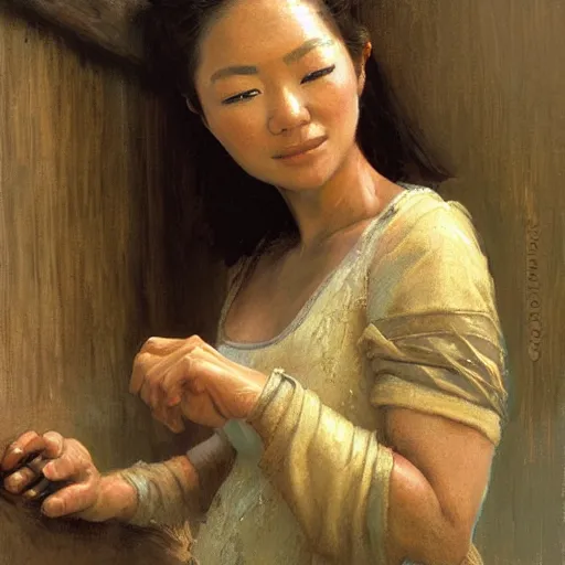 Prompt: a medieval carpenter, asian female, athletic, relaxing after work, candid, fantasy character portrait by gaston bussiere, craig mullins