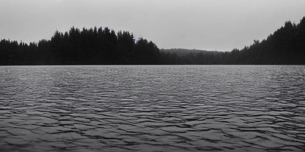 Prompt: an infinitely long rope zig - zagging across the surface of the water into the distance, floating submerged rope stretching out towards the center of the lake, a dark lake on an overcast day, rocky shore foreground, directed by stanley kubrick, atmospheric, color film, trees in the background, hyper - detailed photo, anamorphic lens