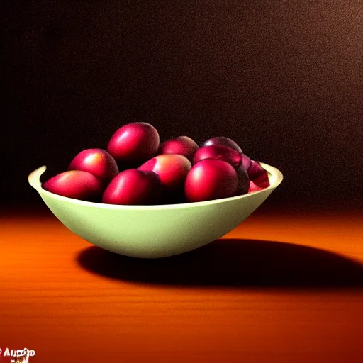 Prompt: concept art of a single bowl filled with a few moist freshly picked plums on a wooden table. digital painting. volumetric lighting. small scale. artistic. trending on artstation.