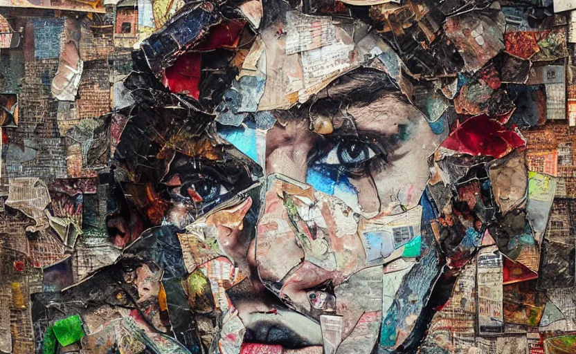 Prompt: gigachad face, detailed analogue mixed media collage with canvas texture in style of contemporary art, punk art, hyperrealistic, photorealistic, expressionism, masterpiece, perfect composition, spectacular quality, intricate oil details, vivid broken glass, torn paper, magazine pages