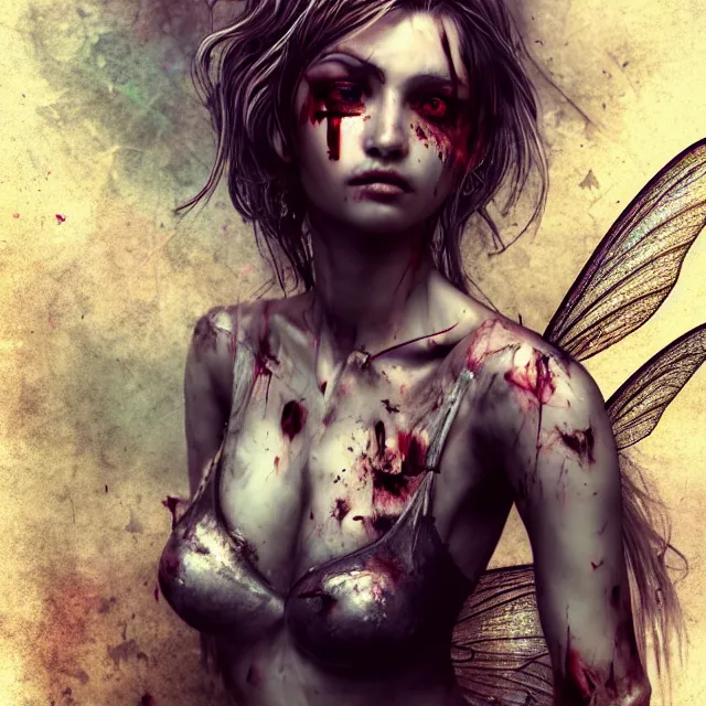 Prompt: full body pose, beautiful adult wounded fairy, dirty, grungy, grunge, highly detailed, 4 k, hdr, smooth, sharp focus, high resolution, award - winning photo, artgerm, photorealistic