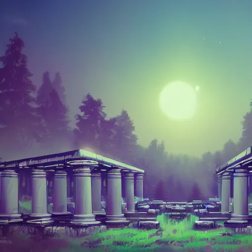 Image similar to roman structure in the forest, epic retrowave art, trending on art station