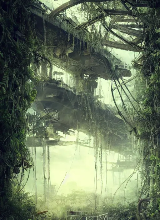 Prompt: decayed aircraft carrier USS Nimitz laying on the ground overgrown with vegetation and hanging vines, post apocalyptic, tropical forest, by Luis Royo, by Greg Rutkowski, extreme low angle shot, dark, gritty, intricate, cover illustration, concept art, volumetric lighting, volumetric atmosphere, sharp focus, octane render, trending on artstation, 8k