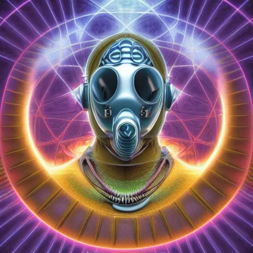 Image similar to a detailed 3 d render of a fashionable vin diesel extraterrestrial wearing a cybernetic majick celtic gas mask among the buildings of futuristic landscape in the style of william blake and alex grey and escher in the style of dark fantasy, fantasy art deco, magic realism, award winning art, muted colors,