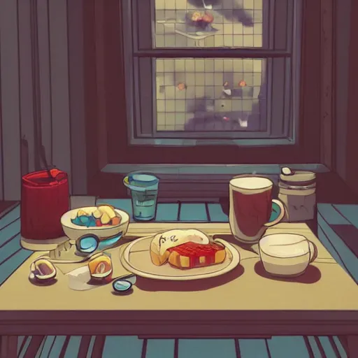 Image similar to breakfast, rainy day, anime, ghibli, 9 0 s, retro style, aesthetic, chill, room