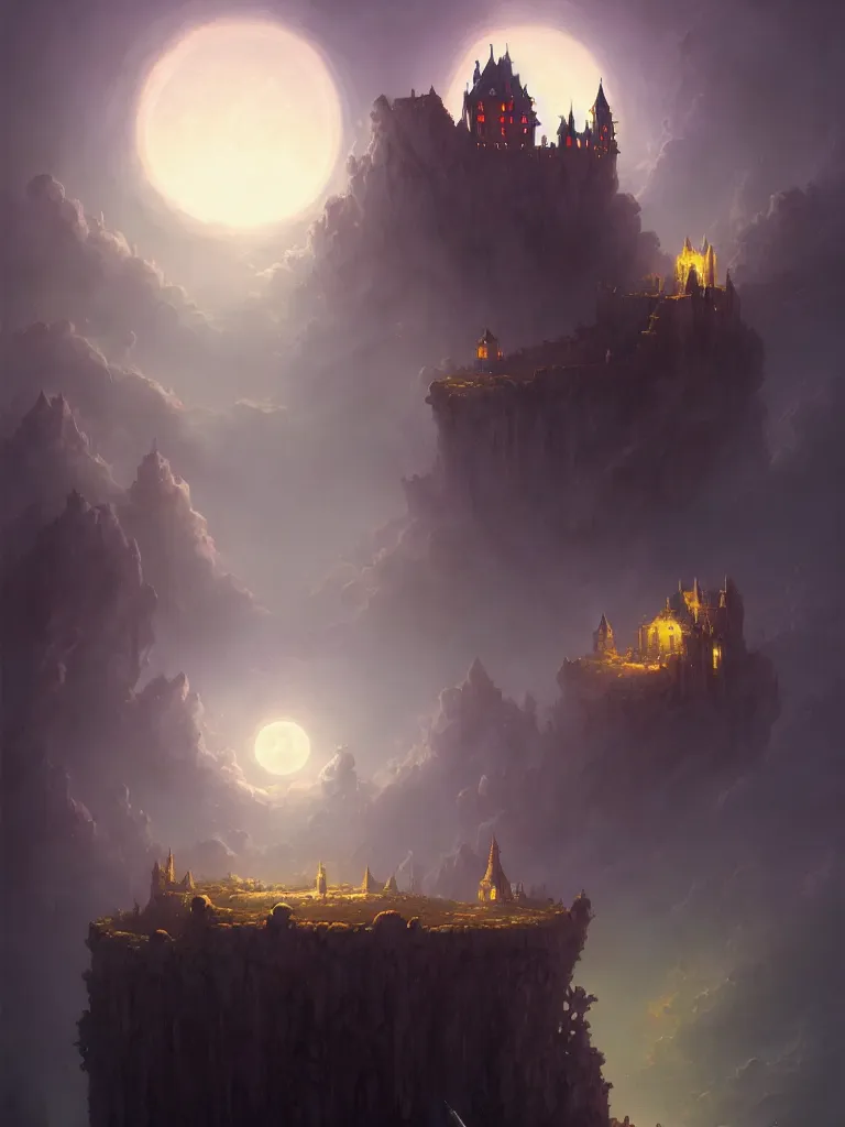 Image similar to a necromancer's magical castle on a cliff by peter mohrbacher, moonlight, fantasy art