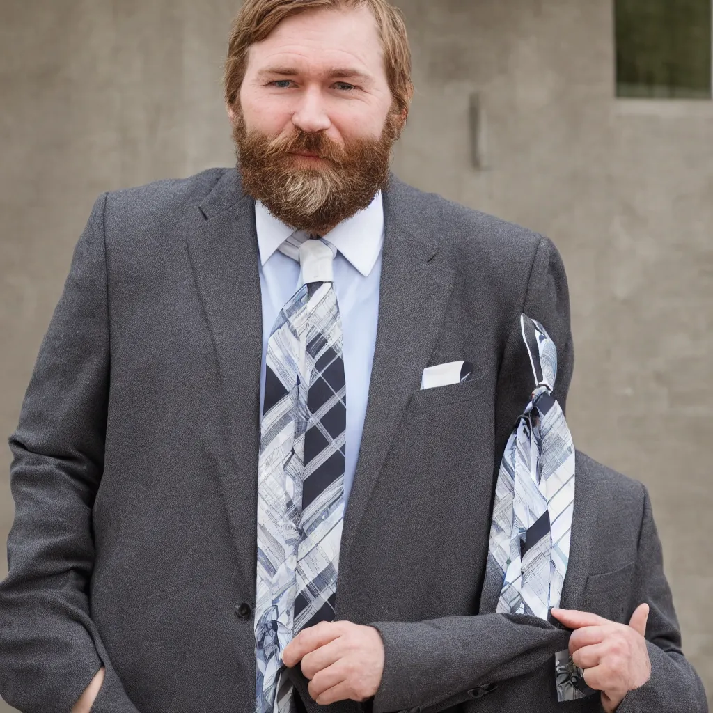 Prompt: bearded white man wearing tie and lanyard