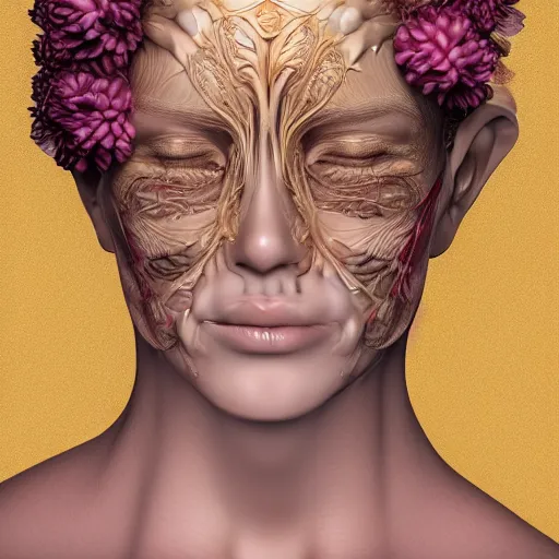 Image similar to beatifull face portrait of a woman, 150 mm, anatomical, flesh, flowers, mandelbrot fractal, facial muscles, veins, arteries, intricate, golden ratio, full frame, microscopic, elegant, highly detailed, ornate, ornament, sculpture, elegant , luxury, beautifully lit, ray trace, unreal, 3d, PBR, in the style of peter Gric , alex grey and Romero Ressendi