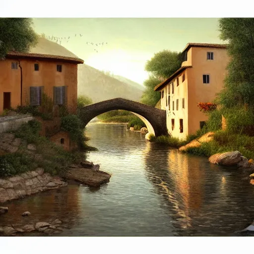 Prompt: High-Quality realist painting of a river crossing a traditional Italian village at dawn, peaceful, very detailed, digital art.