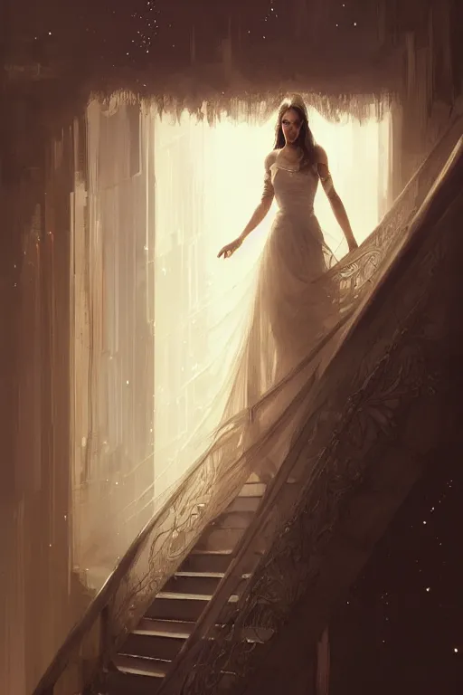 Prompt: bride, going down the stairs with stars and hanging silk drapery, futurism, light dust, magnificent, close up, sharp focus, elegant, highly detailed, illustration, by jordan grimmer greg rutkowski wlop maya takamura, intricate, trending artstation, pixiv, digital art