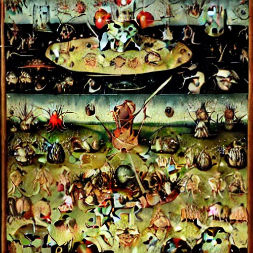 Prompt: a frog dunking over demons boiling a sinner in the garden of earthly delights, hieronymus bosch