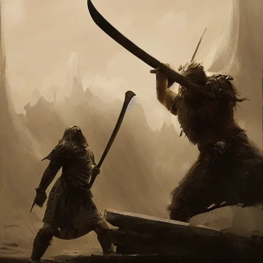 Image similar to viking fighting against a giant in the style of craig mullins, ruan jia, kentaro miura, greg rutkowski, loundraw