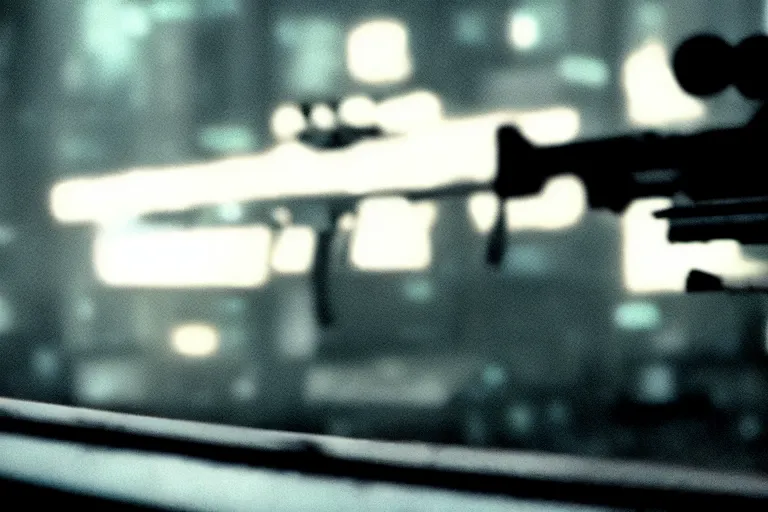 Image similar to film still of closeup futuristic sniper rifle sticking out window, cinematic, moody, gritty neon noir by emmanuel lubezki