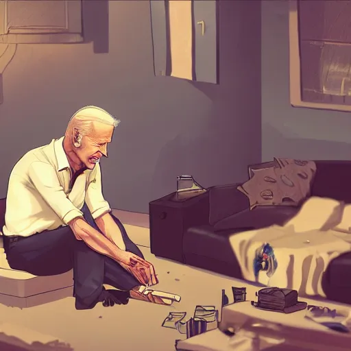 Image similar to joe biden rolling a joint in a messed up apartment, stoned eyes, smoke, beautiful digital art, amazing detail, artstation, award winning, sharp