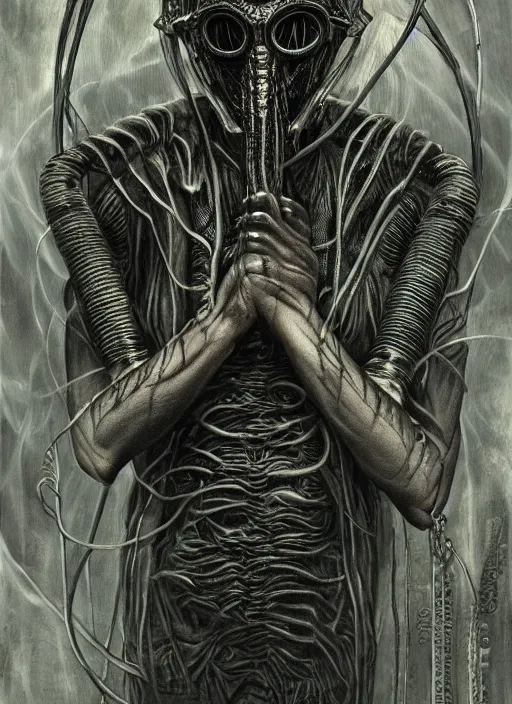 Prompt: Dark scary atmospheric detailed Outsider cyberpunk demon with mechanical wires wearing GAS MASK from the NetherRealm smoke mist vapor atmosphere by HR Giger and alex grey