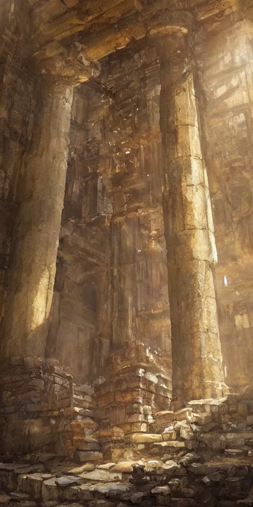 Image similar to ancient temple, pillars, tomb raidar, indiana jones, traps, from inside a temple, temple run, painted by greg rutkowski