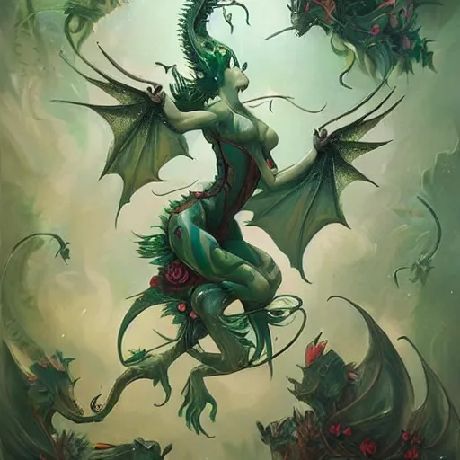 Image similar to green dragon surrounded by rosebuds, by peter mohrbacher, trending on artstation, intricate, elegant