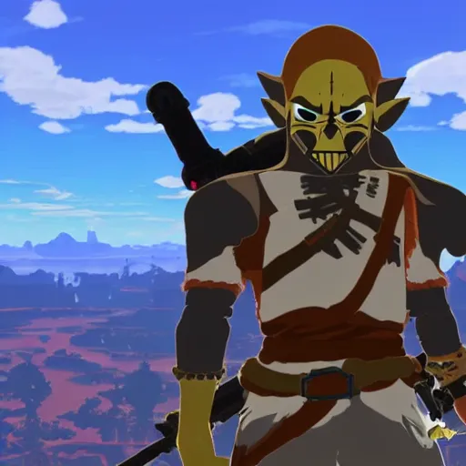 Image similar to a screencap of the legend of zelda breath of the wild, of one piece's darth vader in breath of the wild