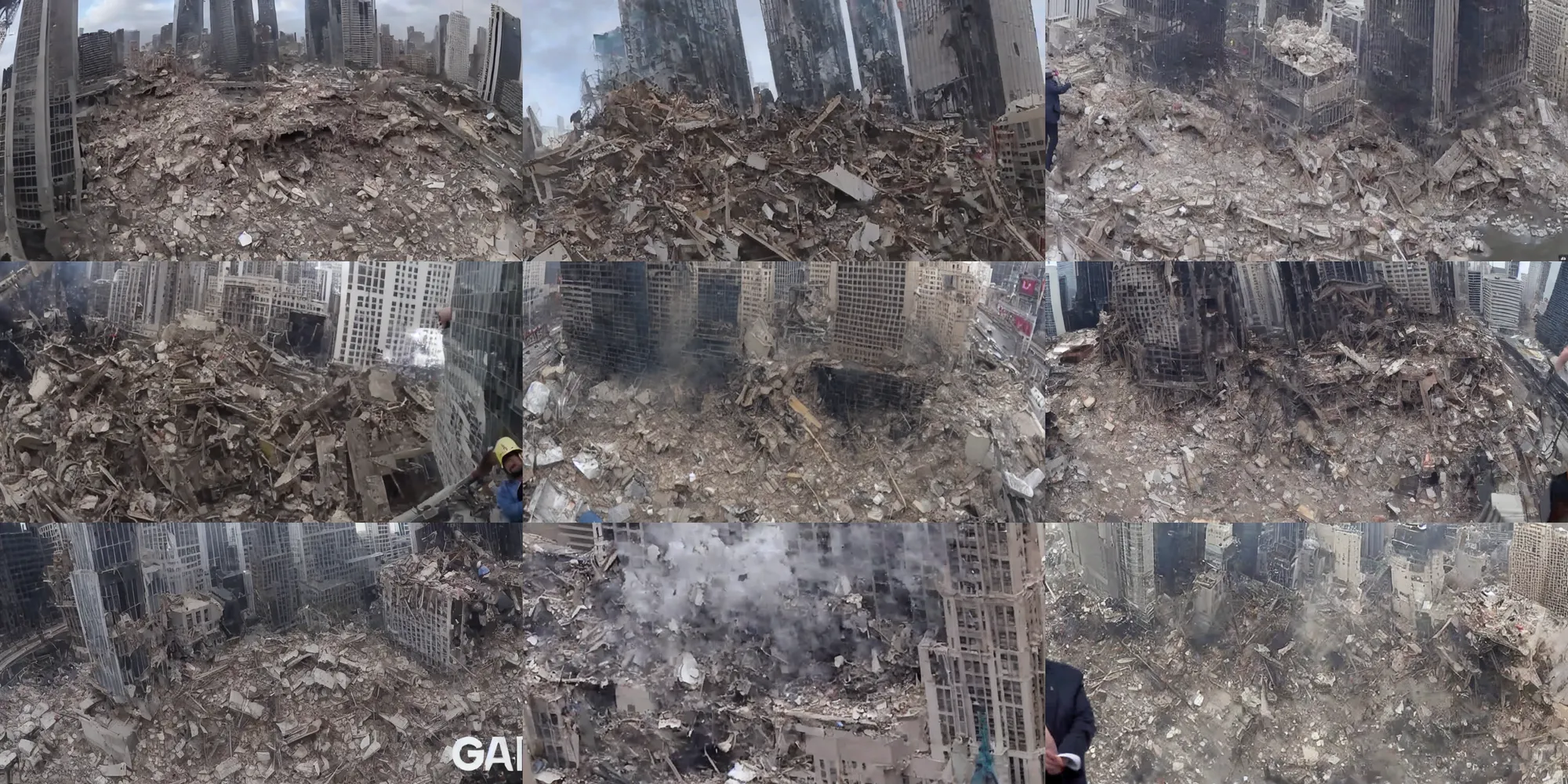 Prompt: gopro footage of trump tower demolition, trump crying in the foreground