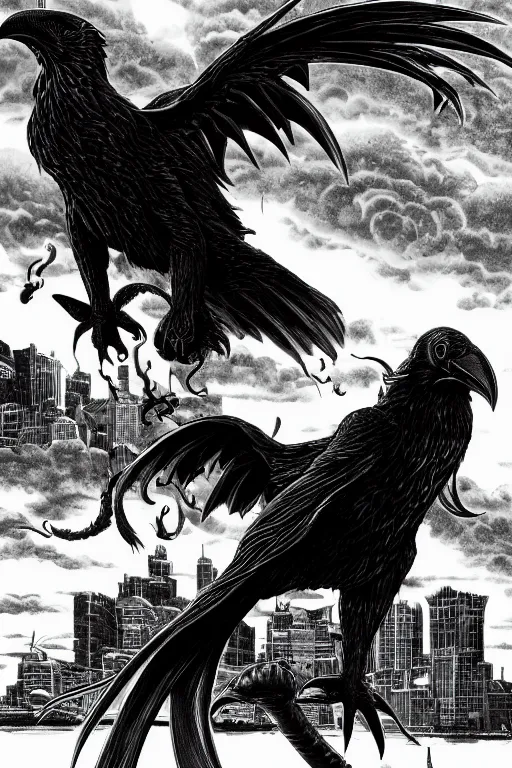 Prompt: portrait black raven bird cthulhu by yusuke murata and masakazu katsura, artstation, highly - detailed, cgsociety, artstation, pencil and ink, fighting pose, city in the background, dark colors, detailed face