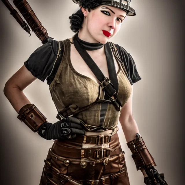 Image similar to full length photo of a very beautiful female dieselpunk warrior, 8 k, hdr, smooth, sharp focus, high resolution, award - winning photo