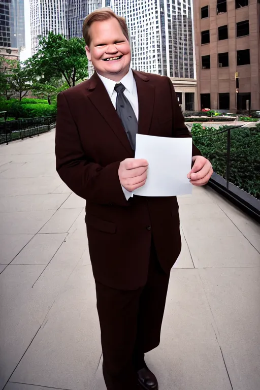 Image similar to full length body shot, andy richter wearing a brown suit and necktie and black boots, ultra hd photo, 3 5 mm close up, fish eye, realistic, smiling, holding a postcard from chicago,