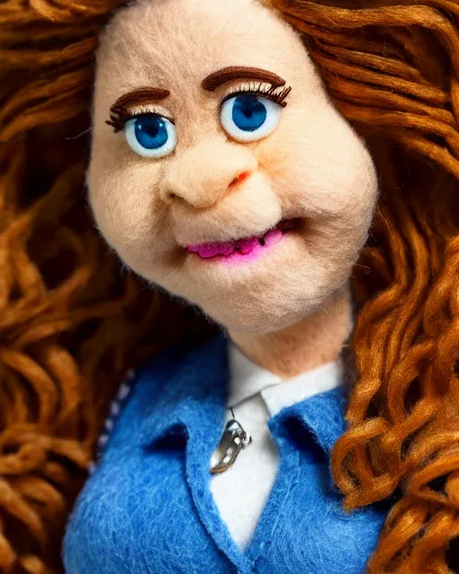 Image similar to pam beesley as a muppet. highly detailed felt. hyper real photo. 4 k.