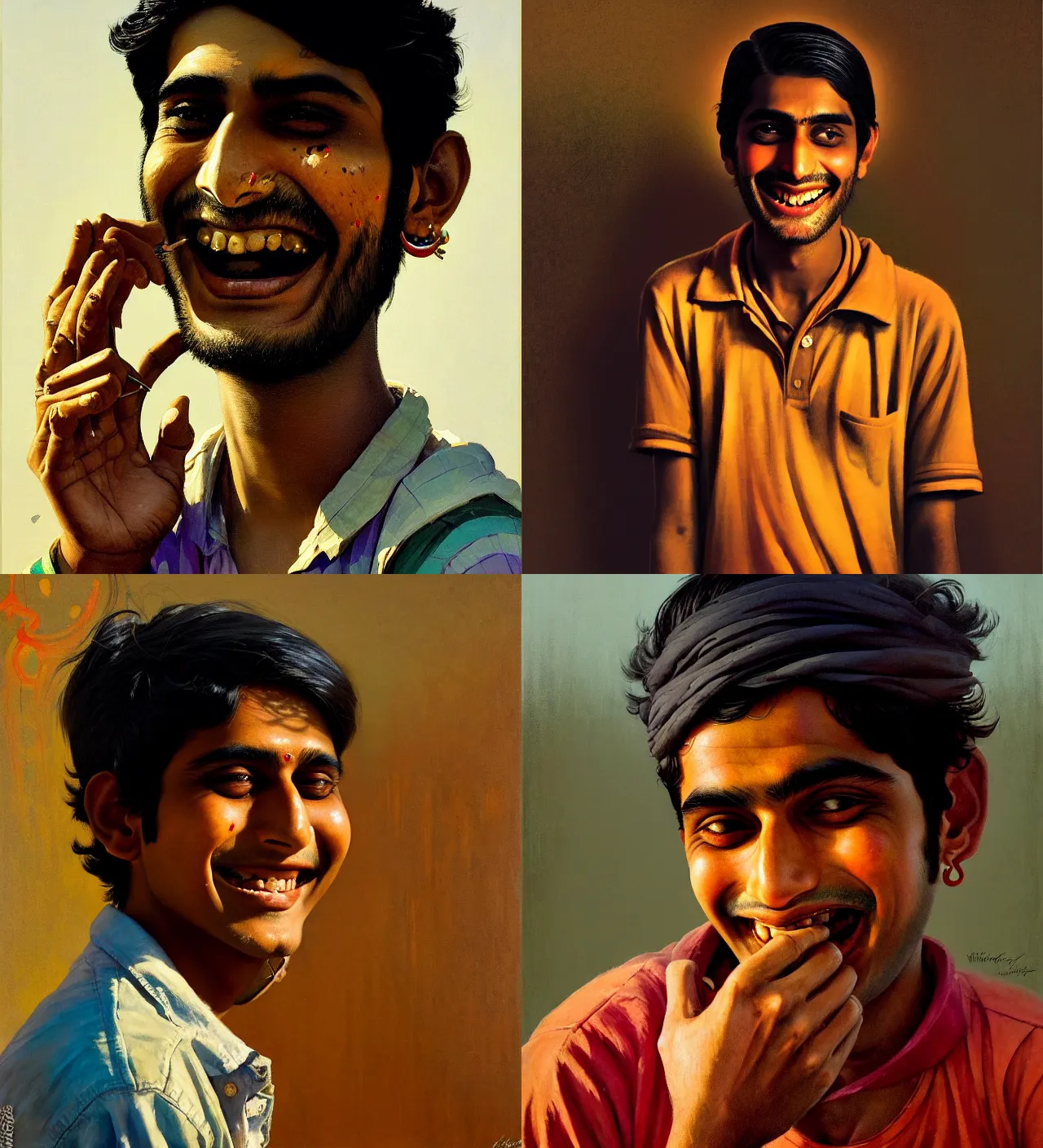 Prompt: a beautiful cinematic masterpiece headshot portrait of a happy stoner indian boy in 2 1 st century suburban indian town, tripping, laughing, centered, head only, by coby whitmore, by greg rutkowski, by irving penn, oil on canvas, ornate, suburban, brilliant cold lighting, detailed, no frames, 8 k
