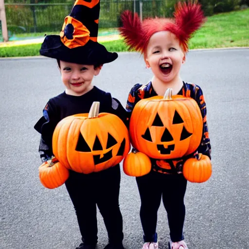 Prompt: children dressed in happy halloween clothes