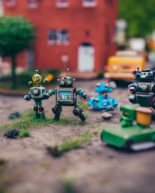 Image similar to high quality presentation photo of a a detailed miniature diorama of retro toy robots invading a detailed model of a 1950s town, photography 4k, f1.8 anamorphic, bokeh, 4k, Canon, Nikon