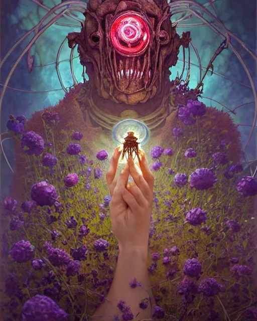 Prompt: the platonic ideal of flowers, rotting, insects and praying of cletus kasady carnage thanos nazgul doctor manhattan chtulu mandelbulb ponyo bioshock davinci heavy rain, d & d, fantasy, ego death, decay, dmt, psilocybin, art by artgerm and greg rutkowski and alphonse mucha