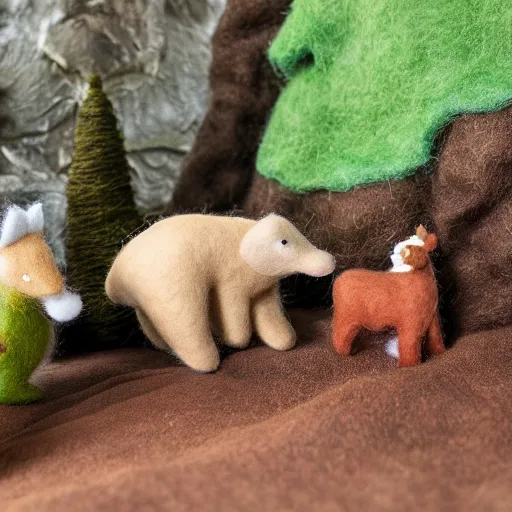 Image similar to high - res photograph of a felt sculpture diorama with cute fluffy forest critters, highly detailed sculpey diorama, forest setting, waterfall backdrop, realistic materials, wood, felt, cloth, burlap, smooth, sharp foccus, commercial product photography,