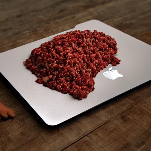 Image similar to a macbook made of ground beef, high quality photograph, ultra realistic, hyperrealism