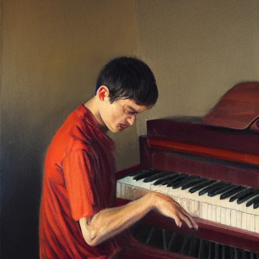 Image similar to oil painting of a 3 0 year old man playing the pino front facing his hands are covered by the piano medium tone skin, he is facing front