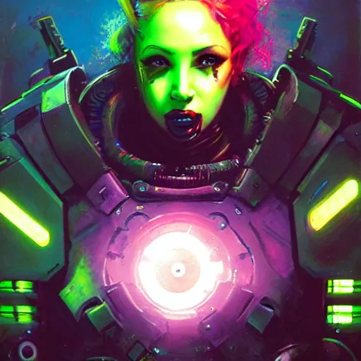 Prompt: a sexy cybergoth Doom Slayer, dystopian mood, vibrant colors, sci-fi character portrait by gaston bussiere, craig mullins, curvy