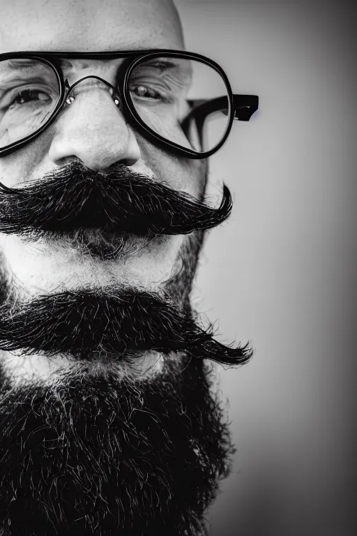 Prompt: photo closeup of a man's head, black and white, moustache, beard, black hair, glasses, 3 5 mm, bokeh