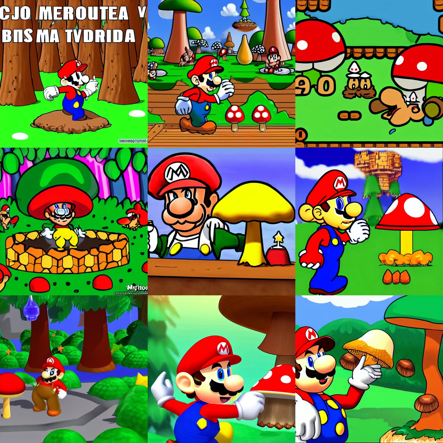 Prompt: drunk mario eats big mushroom and drinks vodka in magic forest, cartoon