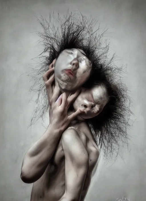 Image similar to expressive face potrait photo of a clothed butoh dancer, glamour shot, by jenny saville, by stefan gesell, photorealistic, canon r 3, fashion photography, hyper maximalist, elegant, ornate, luxury, elite, environmental portrait, symmetrical features, octane render, unreal engine, solid dark grey background, dramatic lights